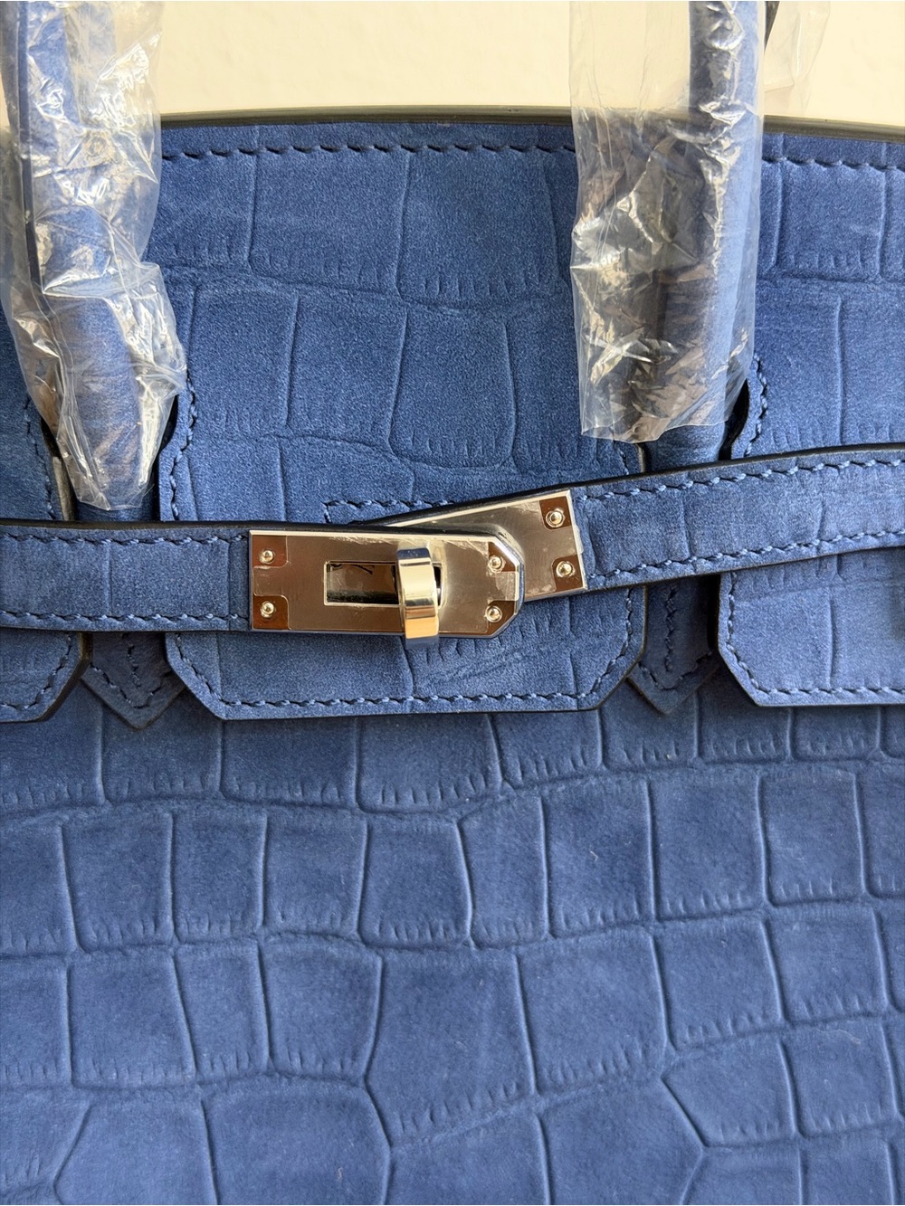 Semi-handmade 25 Blue Crocodile Embossed suede Doblis bleu Birkin PHW Niloticus